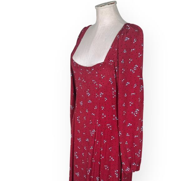 FREE PEOPLE Red Midi IRIS Dress Smocked Square Neck Puff Sleeve Cottagecore S - Picture 5 of 12
